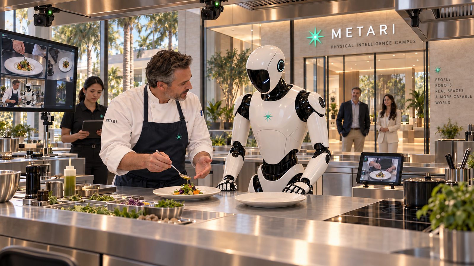Concept rendering of a chef demonstrating a plating technique beside a humanoid