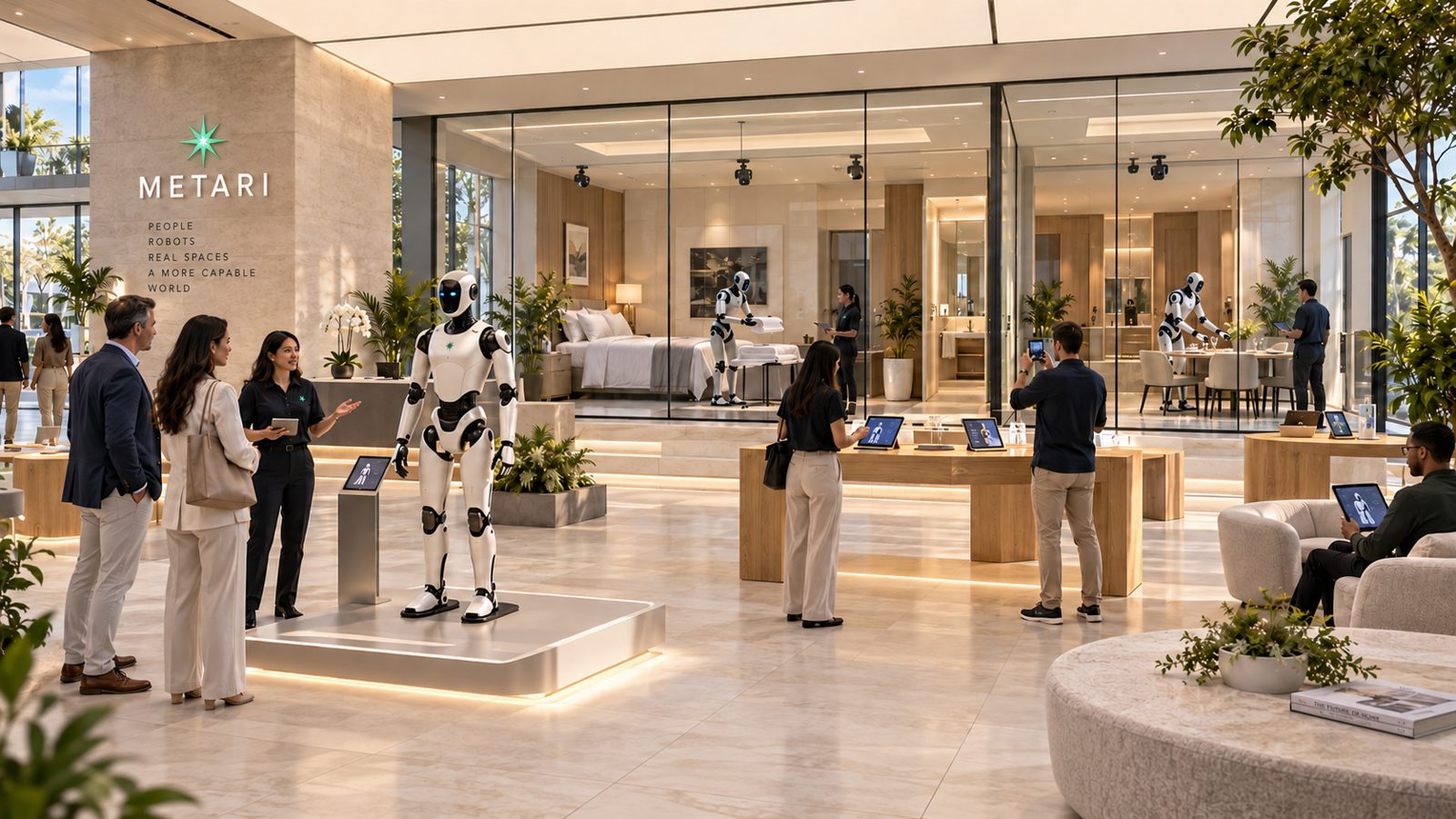 Concept rendering of the public showroom with a humanoid on display and training visible through glass